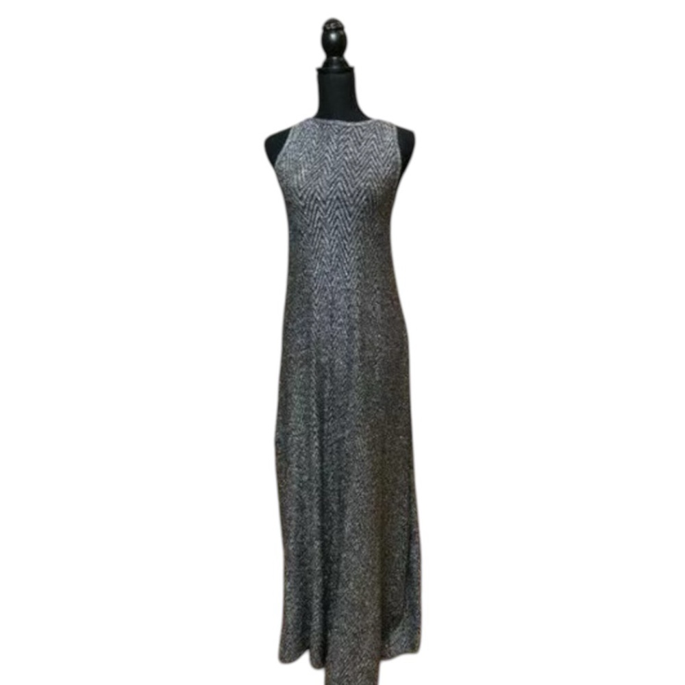 Zara Knit Women's Long Metallic Silver Halter Zig Zag Chevron Maxi Dress, Small